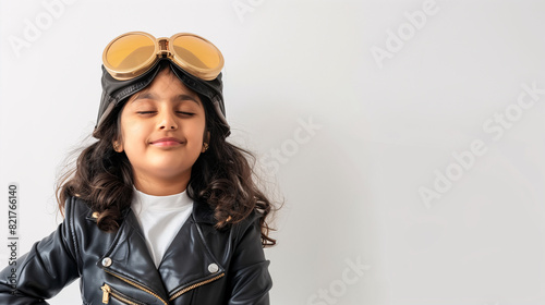 A cute happy smiling young Indian girl dresses like a pilot wearing aviator hat, ear muff and goggles on a plain white background with copy space for text.