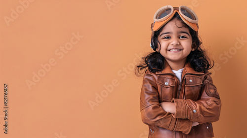 A cute happy smiling young Indian girl dresses like a pilot wearing aviator hat, ear muff and goggles on a plain orange background with copy space for text.