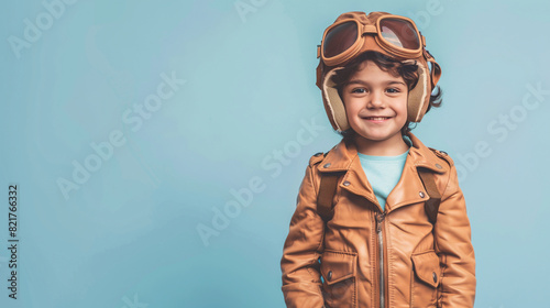 A cute happy smiling young Latin boy dresses like a pilot wearing aviator hat, ear muff and goggles on a plain blue background with copy space for text.