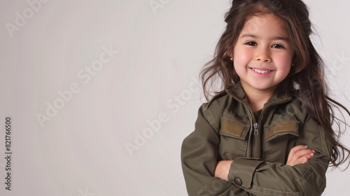 A cute happy smiling young Latin girl dresses like a pilot wearing aviator hat, ear muff and goggles on a plain white background with copy space for text.