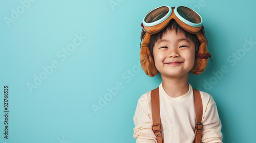 A cute happy smiling young Southeast Asian boy dresses like a pilot wearing aviator hat, ear muff and goggles on a plain blue background with copy space for text.