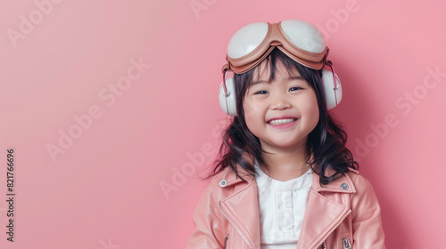 A cute happy smiling young Southeast Asian girl dresses like a pilot wearing aviator hat, ear muff and goggles on a plain pink background with copy space for text.