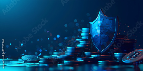 Cyber security concept Shield with keyhole icon on abstract big data digital center server and transfer of data communication background Blue abstract hi speed internet technology. 