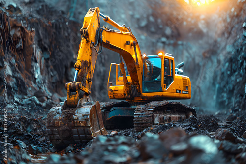 Close-up of a yellow excavator operating in a rocky construction site. is working in a rugged environment
