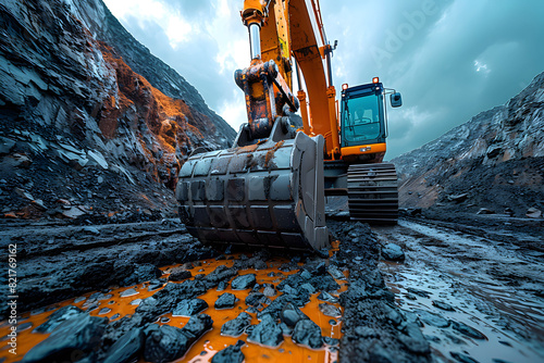 Close-up of a yellow excavator operating in a rocky construction site. is working in a rugged environment