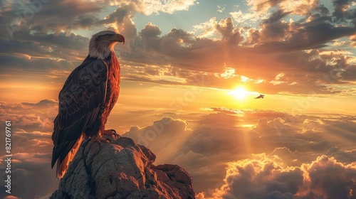 Eagle flying over clouds. Happy 4th of july concept