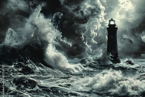 Majestic Lighthouse in a Stormy Ocean - Waves Crashing Under Dark, Dramatic Skies - Perfect for Print, Card, or Poster