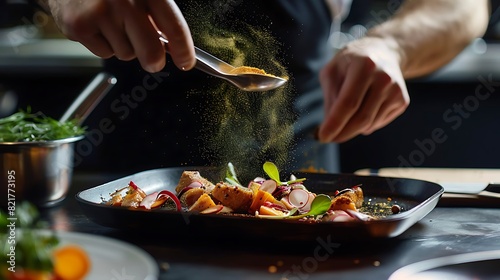 Chef sprinkling spices on dish in commercial kitchen