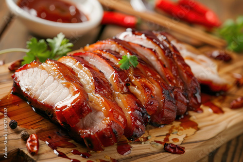 Glazed Char Siu Pork Slices on Wooden Board with Sauce and Garnish