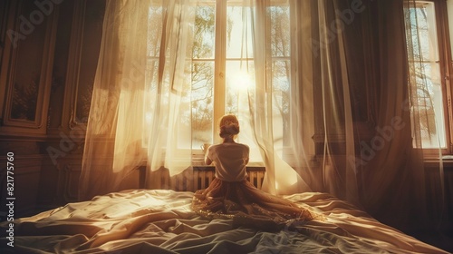  A woman sits on a bed with sunlight filtering through sheer curtains
