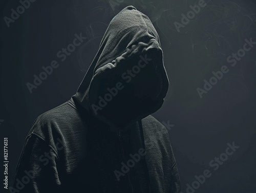 anonymous faceless man in a hood. Black and dark scene.