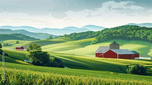 A quiet countryside landscape with rolling hills and farm fields, cut out for the camera