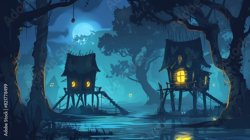 Stilt house on swamp in night forest. Old shack with glow windows in deep forest. Witch hut, computer game background, fantasy mystic landscape pattern. Cartoon modern illustration.