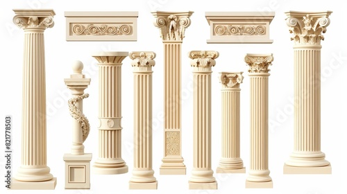 Mockup of classical roman or greek pillars with twisted and grooved ornaments for interior facade design. Ancient classic stone columns isolated on white background.