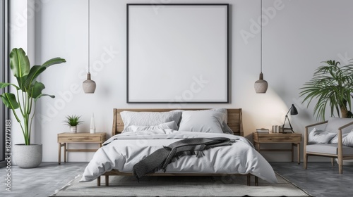 An interior of a bedroom with a bed, bedside tables, lamps, a plant, and a blank poster on the wall, with a modern style and light tones, for the concept of home decor.