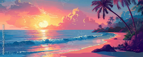 An idyllic beach and ocean landscape on a tropical island with palm trees and coconut trees in the sunset light. vector simple illustration