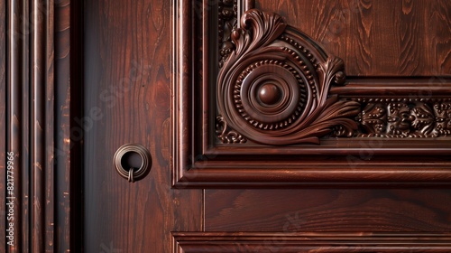 Classic Mahogany Panel Door with Detailed Moulding and Antique Peephole