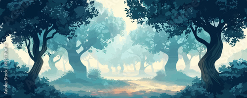 Enchanted forest with ancient oaks and elms rising among it. Digital art style vector flat minimalistic isolated illustration