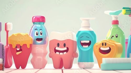 Cartoon characters of oral hygiene and dentistry products. Smiley animated mouthwash bottles, toothbrushes, paste tubes and floss. Modern illustration.