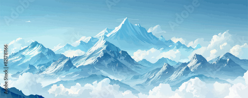 Snow-capped mountains rising above the cloudy sky. Vector flat minimalistic isolated illustration.