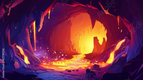 Fantasy cave with molten lava and sparks. Cartoon hell scene surrounded by orange volcanic magma flowing. Background with dark underground mystery tunnel hole entrance in mountain.