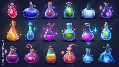 An elixir in a glass bottle with a potion game modern asset. An alchemy flask with liquid medicine for a cartoon halloween app UI. A witch jar container with poison or antidote.