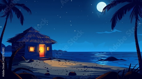 Cartoon modern landscape of midnight dark coast with palm trees and rocks in water under moonlight showing small house with straw roof on sandy sea or ocean beach.