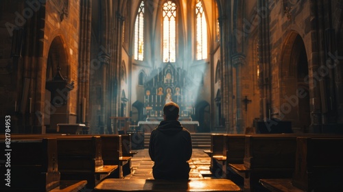 Sitting in a Christian cathedral, contemplating the goodness and kindness of God. Spiritual man sitting and praying in a church. Parishioner feeling God's love and kindness through God's goodness and