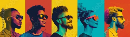 People of various ethnicities wearing sunglasses in front of a colorful background.