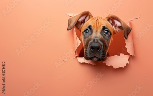 A Spring Fawn Great Dane curiously peeking through a hole in a soft pink wall