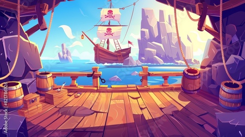 Wooden deck on top of a pirate ship with a cannon, wood boxes and barrels, hold entrance, mast with ropes, lantern and skull buccaneer flag on rocky seascape background.