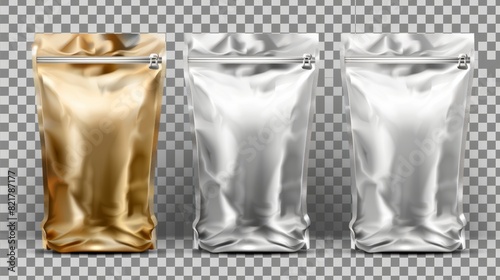 Blank stand up plastic bags. Modern realistic mockup of a white, silver, and gold colored flex package isolated on transparent background.