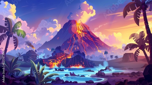 A cartoon summer landscape with lava flows and smoke clouds depicting an eruption on a volcano. There are rocks, rivers, tropical plants, and palm trees in the background.