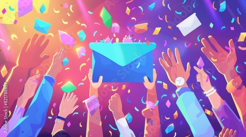 Sign up for our newsletter cartoon banner with applauding hands, confetti, and envelope with pictures. Various modern illustrations.