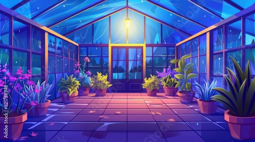A greenhouse interior at night with potted plants. Silhouette of a large dark orangery with glass walls, windows, roof, and stone floor, where flowers are grown. Cartoon illustration modern.