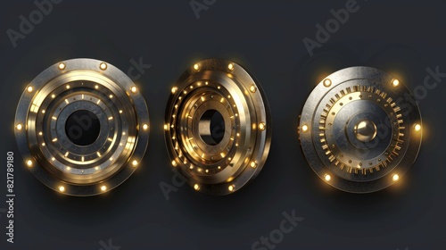 Animation of a bank safe vault door opening motion sequence. Metal steel round gate closed, slightly ajar and open, isolated mechanism with welds and rivets. For storage of gold and money, Realistic