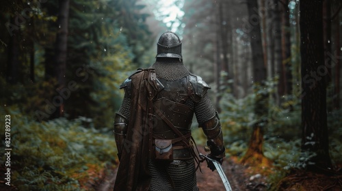 Invading and colonizing a mysterious land, a lonesome medieval warrior marches through the forest. At the edge of the forest, he wears full body armor, helmet, shield, and sword as he travels through