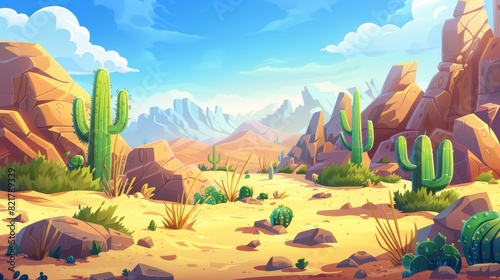 An African desert landscape with tumbleweed rolling along a hot dry deserted area; yellow sand, green cacti, rocks are set off by a blue sky with light clouds.