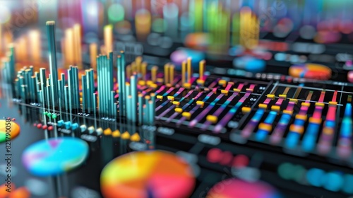 The image shows a close-up of a colorful control panel with various graphs, gauges, and buttons.