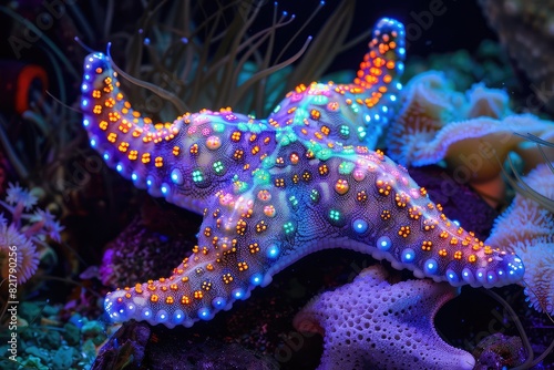 Amazing glowing starfish. Bioluminescent echinoderm in the depths of the ocean.