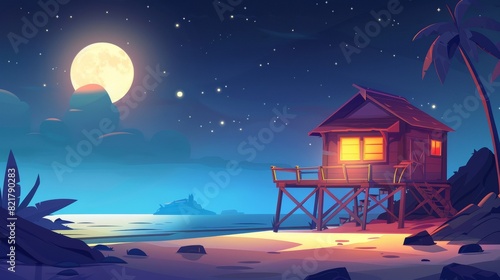 Cartoon modern illustration of a beach hut or bungalow at night on a tropical island, a summer shack with glow windows under a full moon, an ocean coastal wooden house with a terrace, in the night,