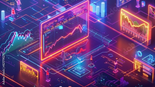 Marketing strategy isometric landing page with tiny business people around large digital devices with graphs and charts. Online trading, investment, automation technology, 3D modern line art web
