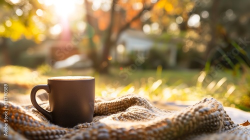 Dew-kissed grass surrounds a cup of coffee on a blanket, with a picturesque house backdrop. 