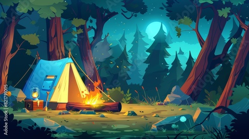 Cartoon landscape with campsite, trees, log and bowler on fire. Modern illustration of summer camp with bonfire, tent, backpack and lantern. Camping, hiking and activity holiday equipment.