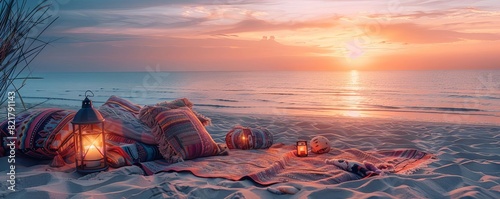 Bohemian beach picnic with colorful blankets and lanterns, warm earthy tones, watercolor, carefree atmosphere, sunset