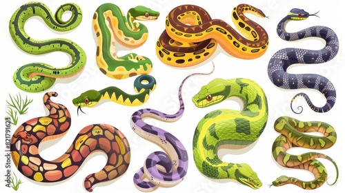 A set of modern cartoon reptiles, snakes, wild tropical serpents isolated on white background. Cobra, grass snake, ahaetulla prasina, banded krait, green tree snake, trimeresurus salazar.