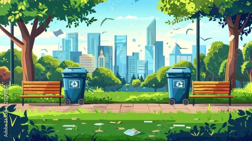 There are trash bins for separating and recycling garbage in a dirty city park, wooden benches and town buildings on a skyline. CGI cartoon of a dirty public garden with litter and waste containers.