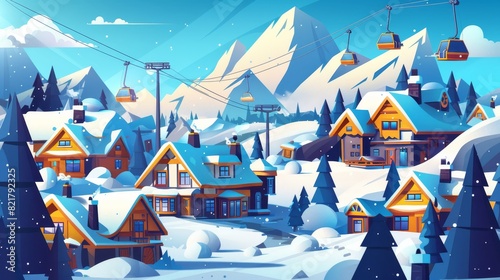 A winter mountain landscape with houses and a funicular. Ski resort settlement with aerial cableway over snow-capped mountains and spruce trees. Illustration of a holiday cottage for vacation during