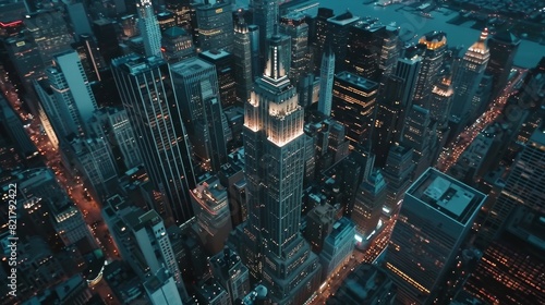 This aerial photo shows a famous Art Deco skyscraper at night. It shows the Empire State Building at night, New York City's business center from an aerial perspective.