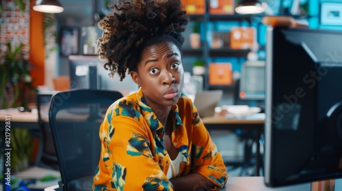 An elegant young black woman looks at the camera with confusion while working on a desktop computer in a creative office. Female developer unsure of the source of the bug.